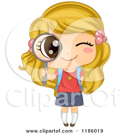 Cartoon of a Happy Blond School Girl Peeking Through a Magnifying Glass - Royalty Free Vector Clipart by BNP Design Studio