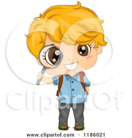 Cartoon of a Happy Blond School Boy Peeking Through a Magnifying Glass - Royalty Free Vector Clipart by BNP Design Studio
