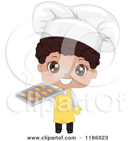 Cartoon of a Cute Happy Chef Black Boy Holding up Fresh Baked Bread - Royalty Free Vector Clipart by BNP Design Studio