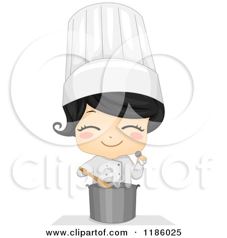 Cartoon of a Cute Chef Girl Seasoning Soup - Royalty Free Vector Clipart by BNP Design Studio