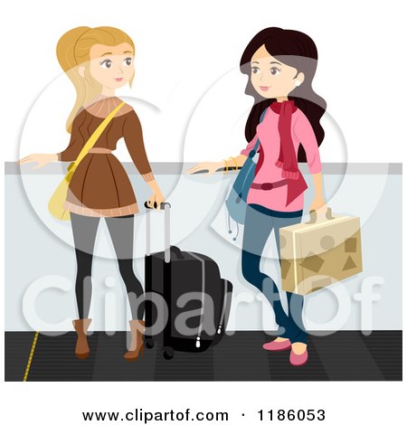 Cartoon of a Traveling Women with Luggage and Winter Clothes on an Airport Walkalator - Royalty Free Vector Clipart by BNP Design Studio