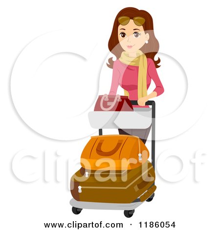 Cartoon of a Happy Woman Pushing an Airport Baggage Cart - Royalty Free Vector Clipart by BNP Design Studio
