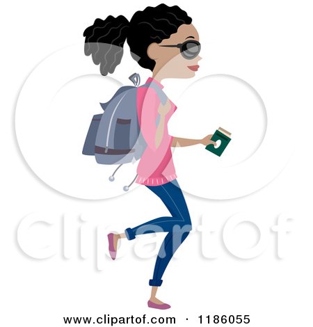 Cartoon of a Young Black Woman Carrying a Passport and a Backpack - Royalty Free Vector Clipart by BNP Design Studio