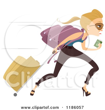 Cartoon of a Late Blond Woman Running with Her Luggage and Passport in Hand - Royalty Free Vector Clipart by BNP Design Studio