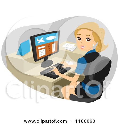 Cartoon of a Happy Blond Woman Working at an Airport Check in Counter - Royalty Free Vector Clipart by BNP Design Studio