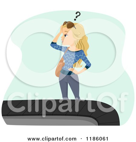 Cartoon of a Blond Woman Wondering Where Her Suitcase Is at the Baggage Claim Carousel - Royalty Free Vector Clipart by BNP Design Studio
