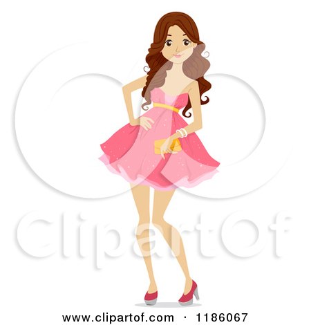 Cartoon of a Brunette Teen Girl Wearing a Pink Prom Dress - Royalty Free Vector Clipart by BNP Design Studio
