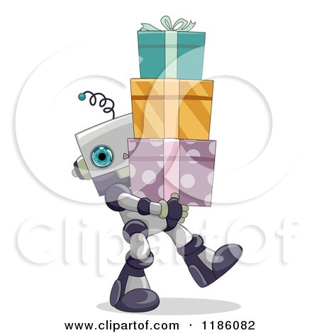 Cartoon of a Cute Robot Walking with a Stack of Gifts - Royalty Free Vector Clipart by BNP Design Studio