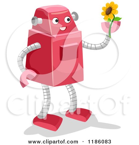 Cartoon of a Happy Robot Holding up a Sunflower - Royalty Free Vector Clipart by BNP Design Studio