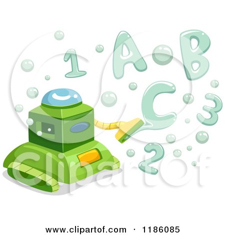 Cartoon of a Green Bubble Making Robot with Letter and Number Bubbles - Royalty Free Vector Clipart by BNP Design Studio
