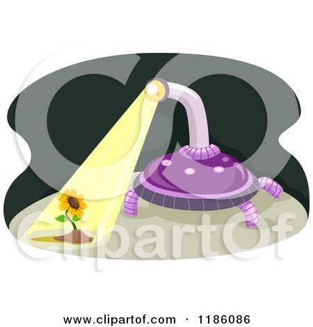 Cartoon of a Purple Robot Shining a Light on a Sunflower - Royalty Free Vector Clipart by BNP Design Studio