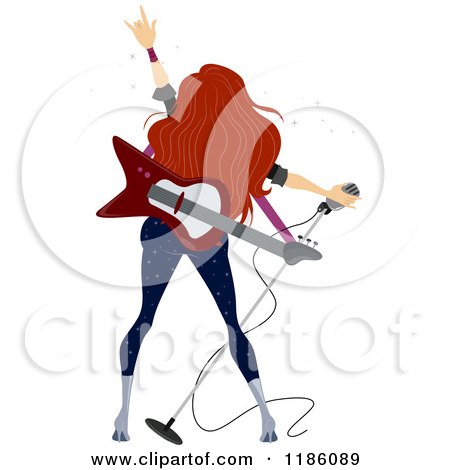 Cartoon of a Rear View of a Female Rock Star with a Guitar and Microphone - Royalty Free Vector Clipart by BNP Design Studio