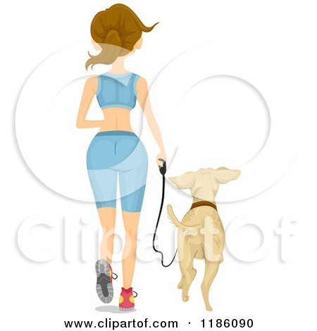 Cartoon of a Rear View of a Fit Woman Jogging with a Dog - Royalty Free Vector Clipart by BNP Design Studio