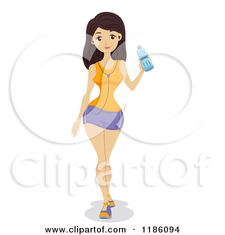 Cartoon of a Fit Woman with Ear Buds, Holding up a Water Bottle - Royalty Free Vector Clipart by BNP Design Studio