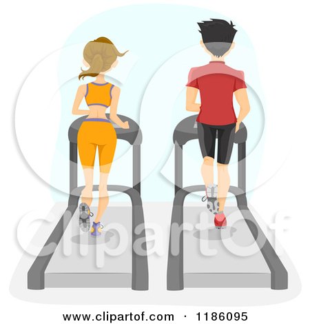 Cartoon of a Rear View of a Fit Couple Running on Gym Treadmills - Royalty Free Vector Clipart by BNP Design Studio