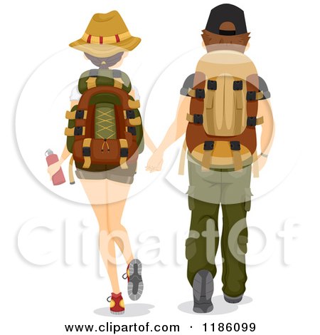 Cartoon of a Rear View of a Hiking Couple Holding Hands - Royalty Free Vector Clipart by BNP Design Studio