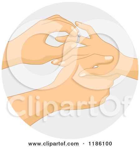 Cartoon of a Man Placing a Diamond Ring on a Womans Finger, over Gray - Royalty Free Vector Clipart by BNP Design Studio