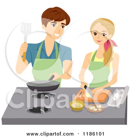 Cartoon of a Happy Couple Cooking in a Kitchen - Royalty Free Vector Clipart by BNP Design Studio