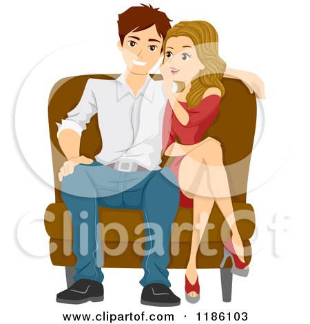 Cartoon of a Woman Whispering to Her Man While Sharing a Chair - Royalty Free Vector Clipart by BNP Design Studio
