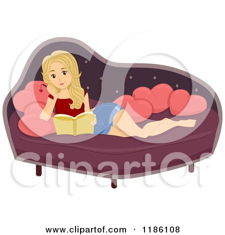 Cartoon of a Blond Woman Resting on a Sofa and Writing in a Journal - Royalty Free Vector Clipart by BNP Design Studio