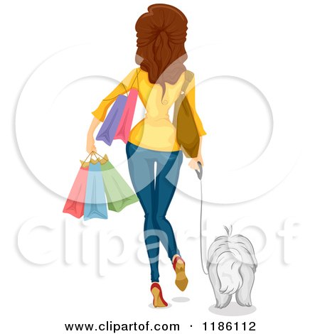 Cartoon of a Rear View of a Woman Carrying Shopping Bags and Walking with a Dog - Royalty Free Vector Clipart by BNP Design Studio