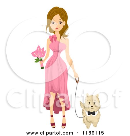 Cartoon of a Wedding Bridesmaid Walking with a Dog - Royalty Free Vector Clipart by BNP Design Studio