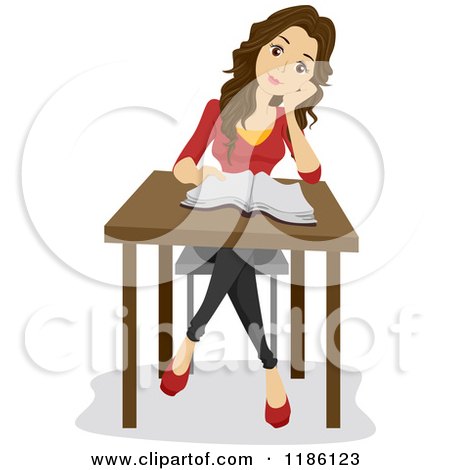 Cartoon of a Brunette Woman Sitting at a Desk with an Open Book - Royalty Free Vector Clipart by BNP Design Studio