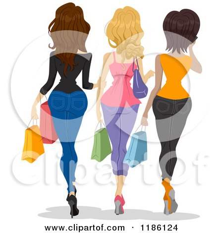 Cartoon of a Rear View of Three Women Walking with Shopping Bags - Royalty Free Vector Clipart by BNP Design Studio