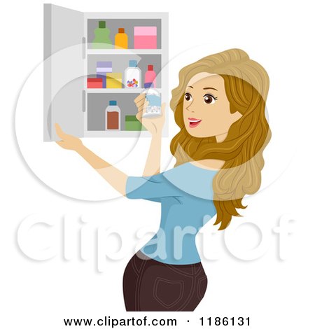 Cartoon of a Woman Holding a Bottle by a Medicine Cabinet - Royalty Free Vector Clipart by BNP Design Studio