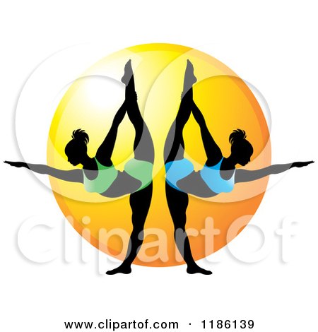 Clipart of Two Women in the Yoga NATARAJASANA Pose over the Sun - Royalty Free Vector Illustration by Lal Perera