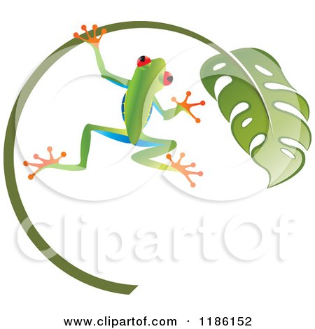 Clipart of a Tree Frog Hanging from a Leaf - Royalty Free Vector Illustration by Lal Perera