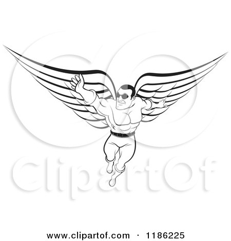 Clipart of a Black and White Super Hero Man with Wings - Royalty Free Vector Illustration by Lal Perera