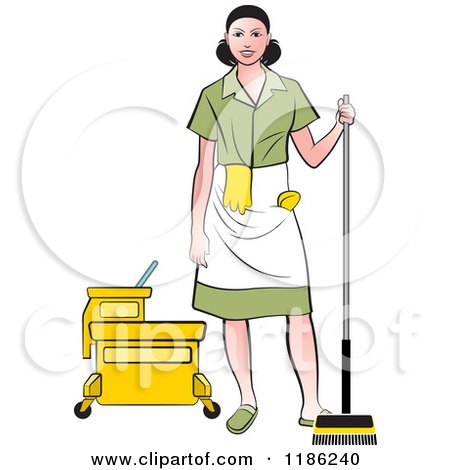 Clipart of a Janitorial Woman in a Green Uniform, Standing by a Mop Bucket - Royalty Free Vector Illustration by Lal Perera