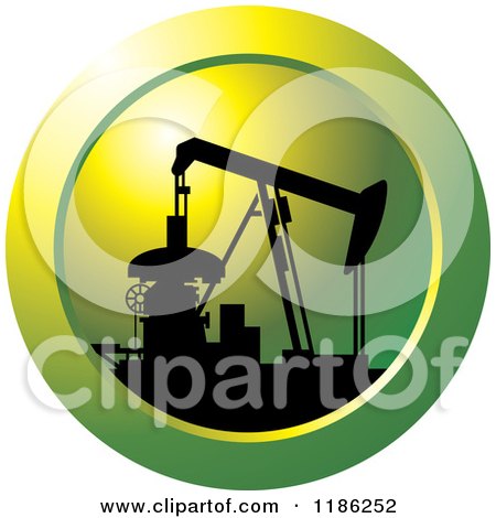 Clipart of a Silhouetted Pump Jack on a Green Icon - Royalty Free Vector Illustration by Lal Perera