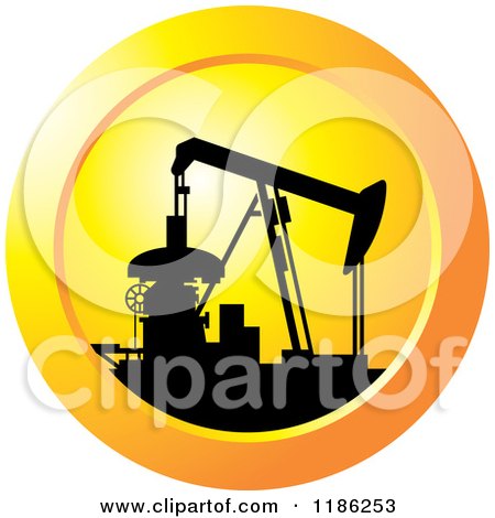 Clipart of a Silhouetted Pump Jack on an Orange Icon - Royalty Free Vector Illustration by Lal Perera
