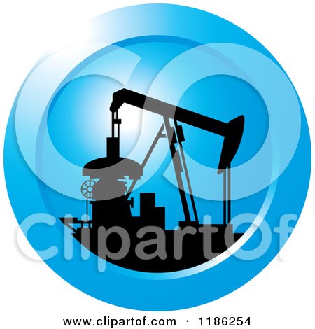 Clipart of a Silhouetted Pump Jack on a Blue Icon - Royalty Free Vector Illustration by Lal Perera