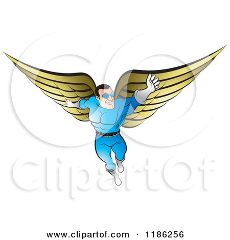 Clipart of a Super Hero Man with Gold Wings - Royalty Free Vector Illustration by Lal Perera