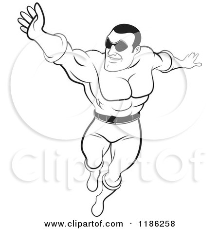Clipart of a Black and White Super Hero Man Flying - Royalty Free Vector Illustration by Lal Perera