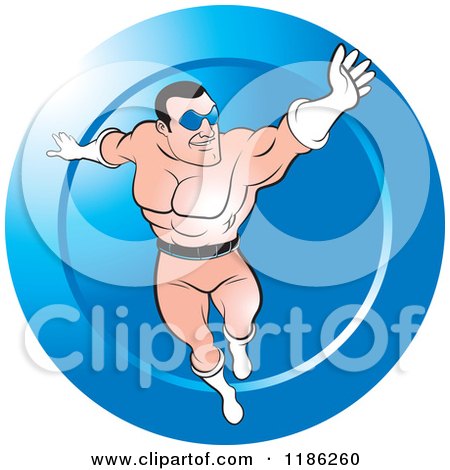 Clipart of a Super Hero Man Flying over a Blue Icon - Royalty Free Vector Illustration by Lal Perera