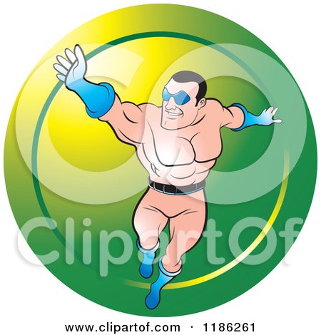 Clipart of a Super Hero Man Flying over a Green Icon - Royalty Free Vector Illustration by Lal Perera