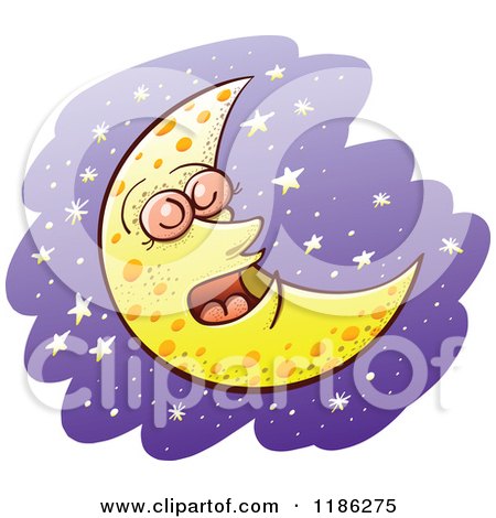 Cartoon of a Sleeping Crescent Moon over Purple and Stars - Royalty Free Vector Clipart by Zooco