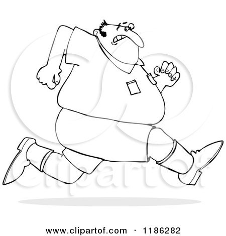 Cartoon of an Outlined Chubby Man Sprinting Away from Something - Royalty Free Vector Clipart by djart