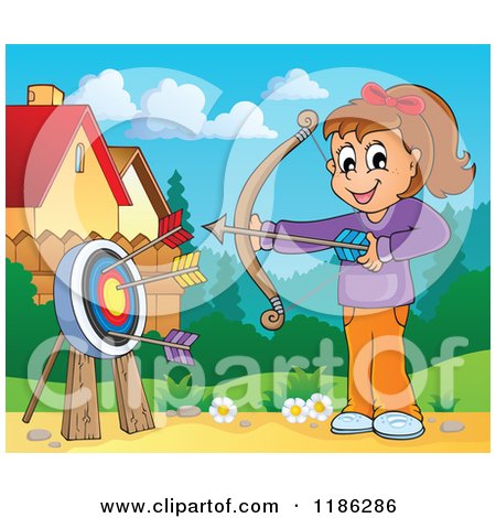 Cartoon of a Happy Archery Girl Shooting Arrows in a Meadow - Royalty Free Vector Clipart by visekart