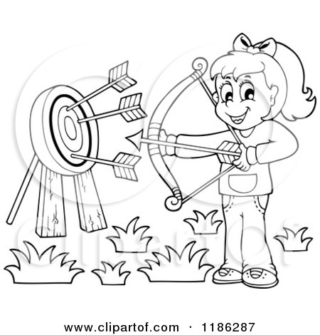 Cartoon of an Outlined Happy Archery Girl Shooting Arrows - Royalty Free Vector Clipart by visekart