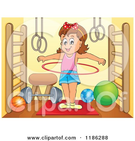 Cartoon of a Happy Girl Playing with a Hula Hoop in a Gym - Royalty Free Vector Clipart by visekart