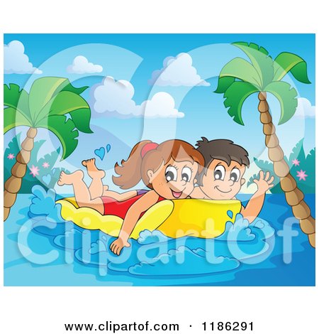 Cartoon of a Happy Children Swimming on an Inflatable Mattress in a Tropical Setting - Royalty Free Vector Clipart by visekart