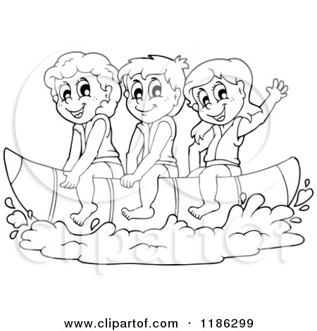 Cartoon of Outlined Happy Children Wearing Life Jackets and Riding a Banana Boat - Royalty Free Vector Clipart by visekart