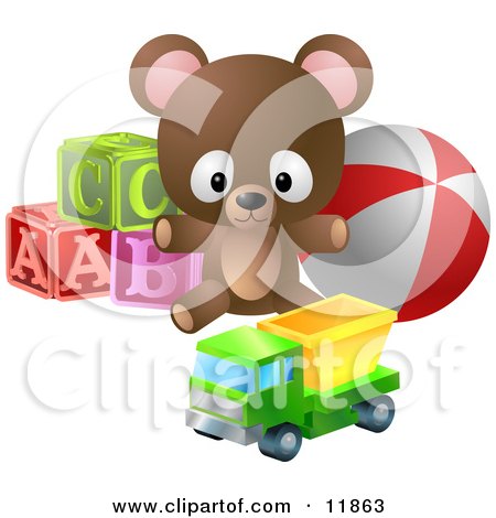 Cute Little Brown Teddy Bear With Alphabet Blocks, a Ball and a Truck Toy Clipart Illustration by AtStockIllustration