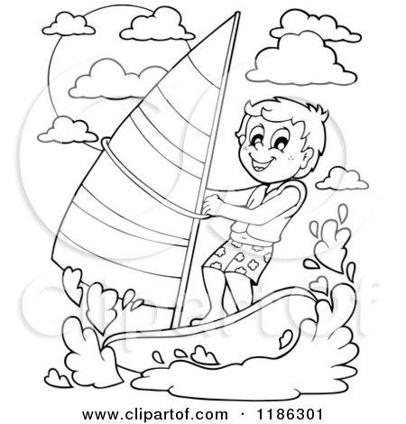 Cartoon of an Outlined Happy Boy Wind Surfing - Royalty Free Vector Clipart by visekart