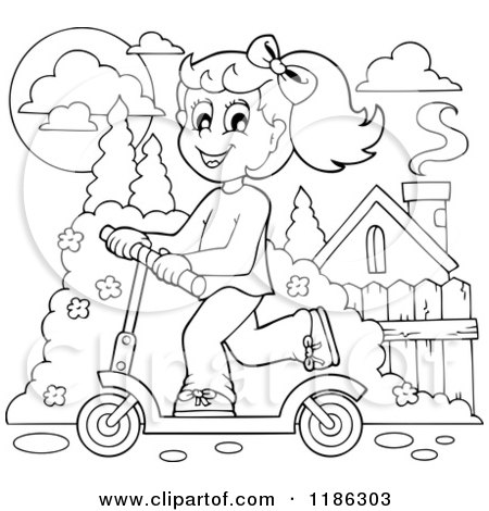 Cartoon of an Outlined Happy Girl Riding a Scooter - Royalty Free Vector Clipart by visekart